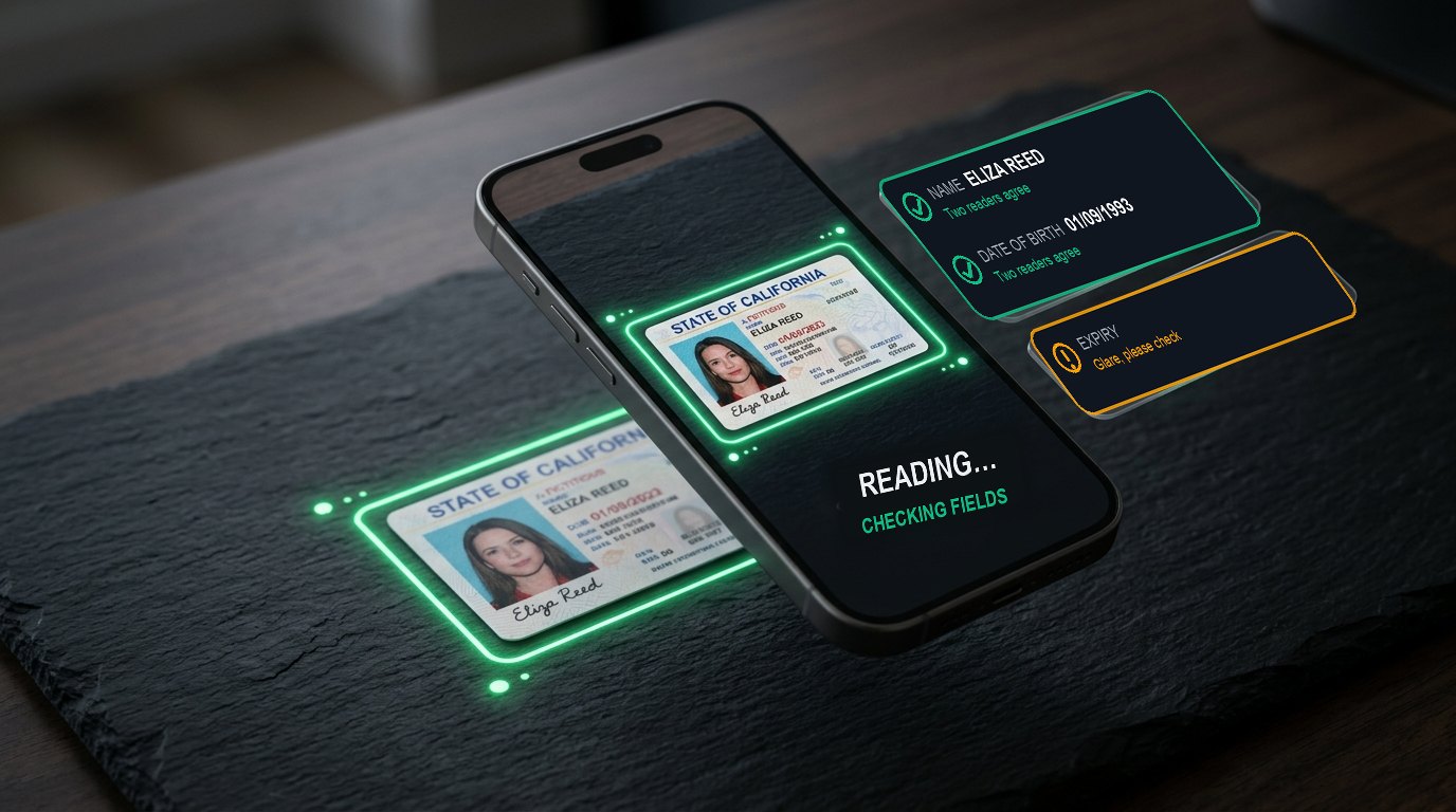 A phone reading an ID card: each field marked ✓ confirmed or ⚠ check